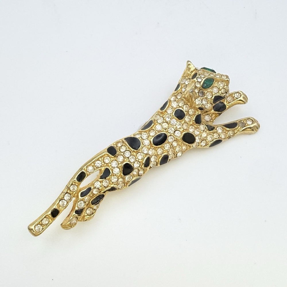 Vintage Leopard Brooch Gold Tone Rhinestone Enamel Cheetah Animal Pin